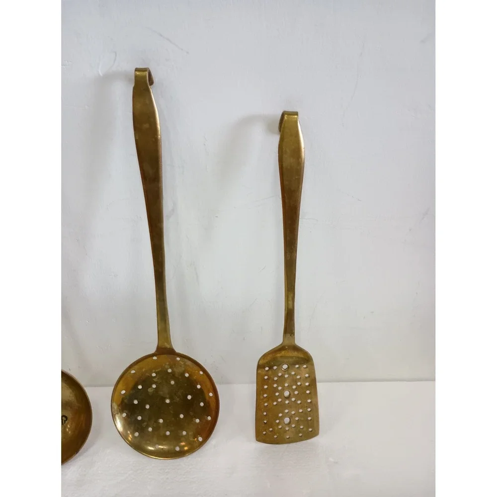 Vintage Brass Kitchen Utensil Set Gold Hanging Decor Ladles Skimmer Spatula